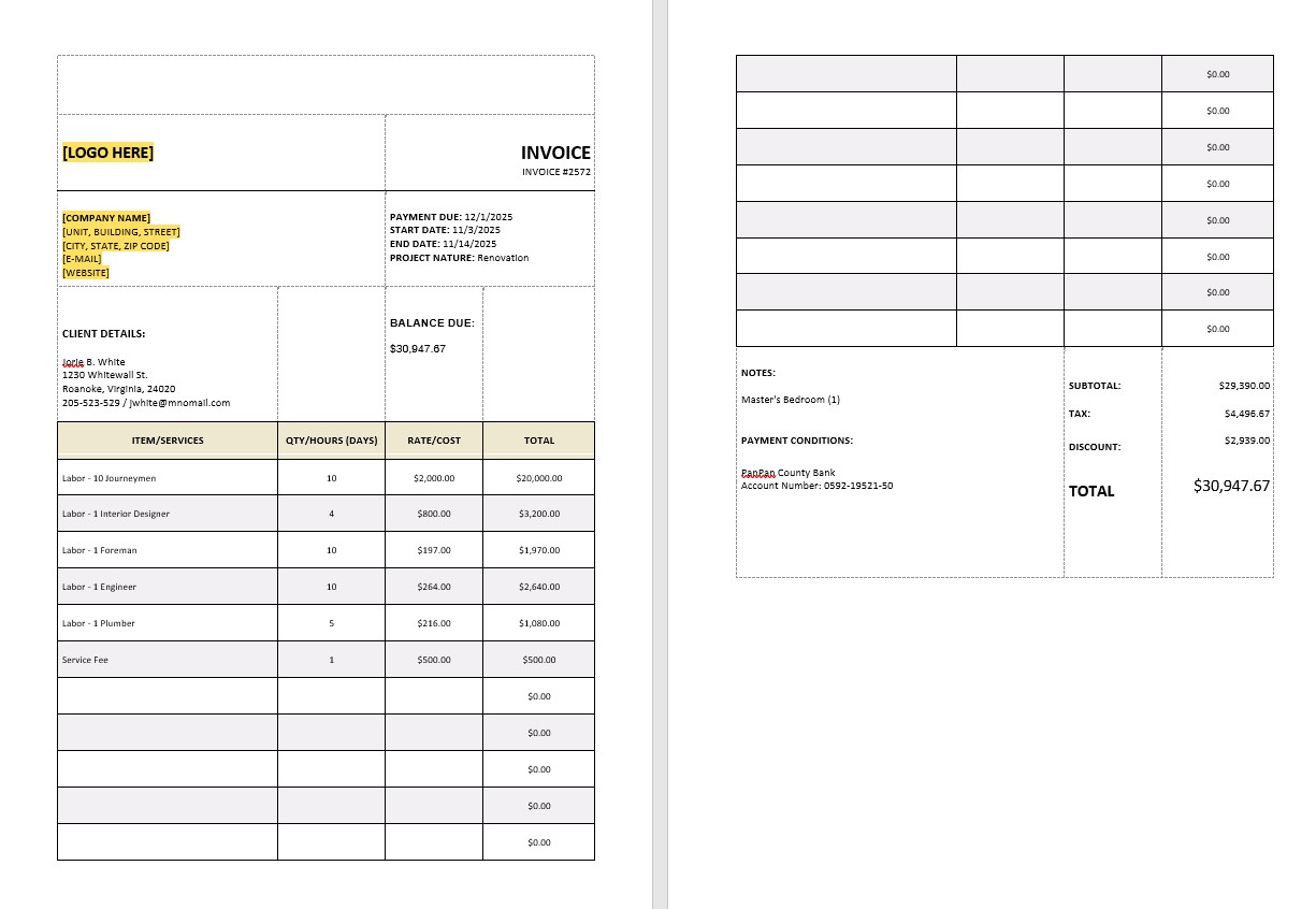 Service Tax Calculation Invoice Template PSD template